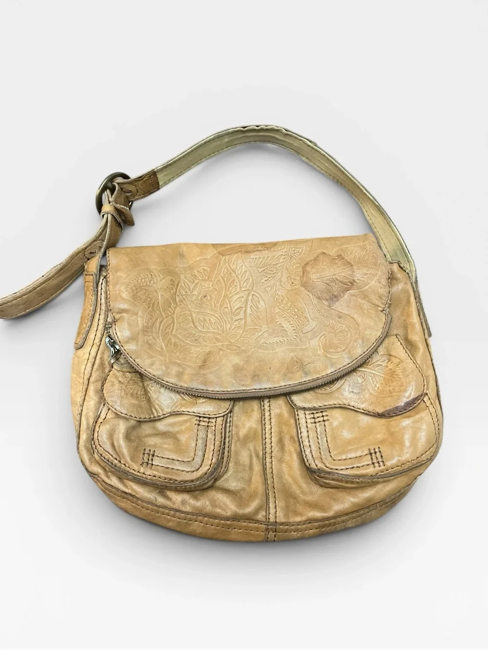 Lucky Brand Ramblin Rose Lambskin Boho Hobo Bag Tan Tooled Y2K